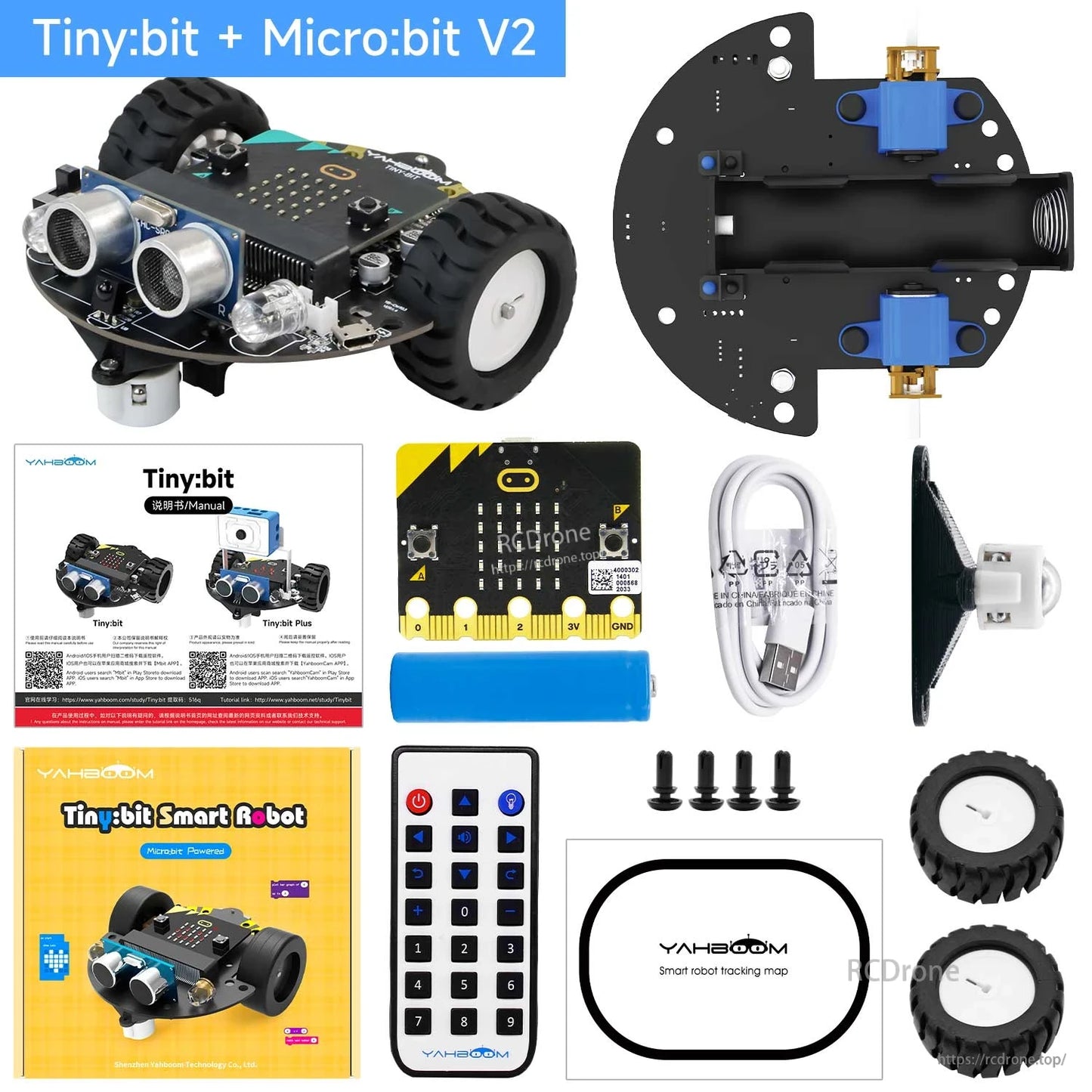 Tiny:bit + Micro:bit V2 kit contents with micro:bit board, battery, USB cable, IR remote, screws, wheels, and base plate