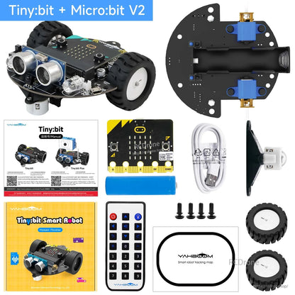 Tiny:bit + Micro:bit V2 kit contents with micro:bit board, battery, USB cable, IR remote, screws, wheels, and base plate