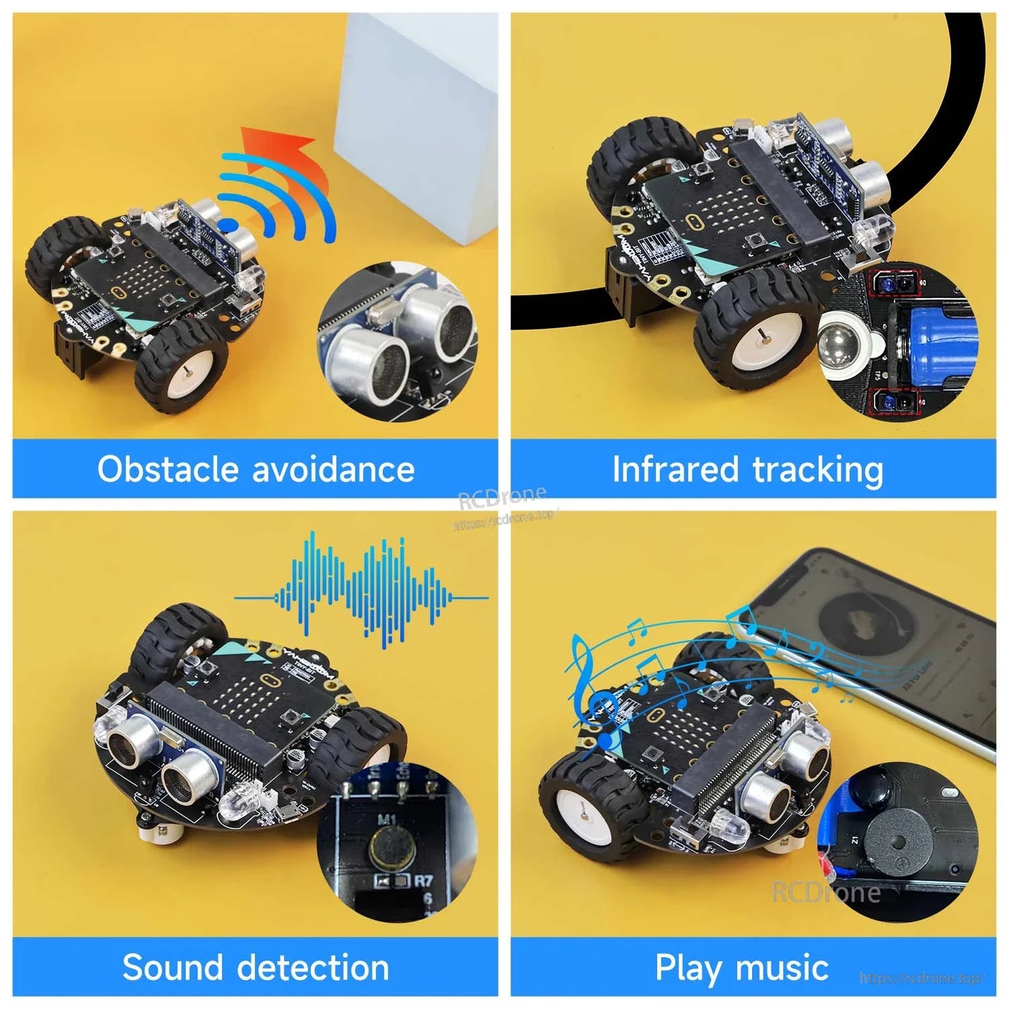 Tiny:bit smart car functions: obstacle avoidance, infrared line tracking, sound detection, and music playback