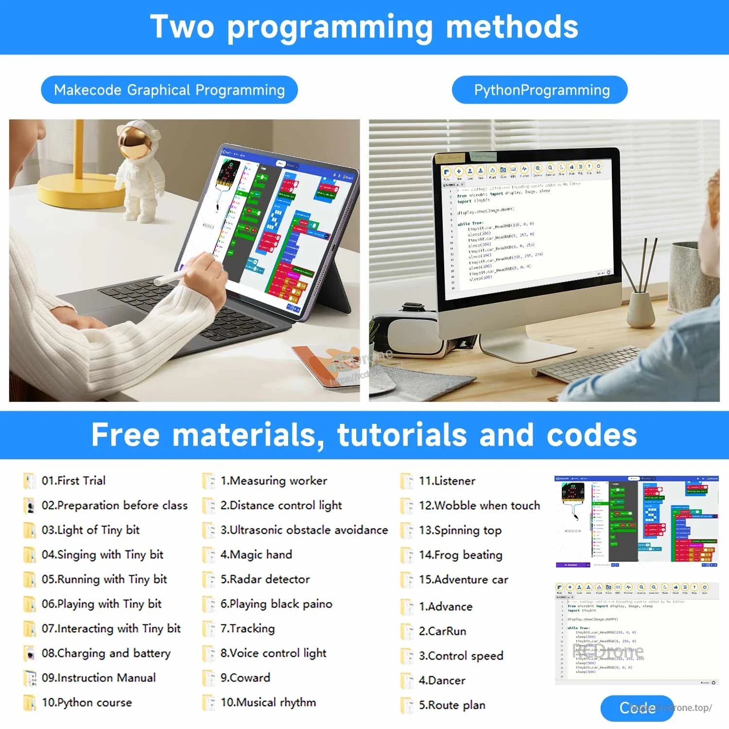 Programming methods for Tiny:bit car: MakeCode block coding and Python, plus free tutorials and code materials