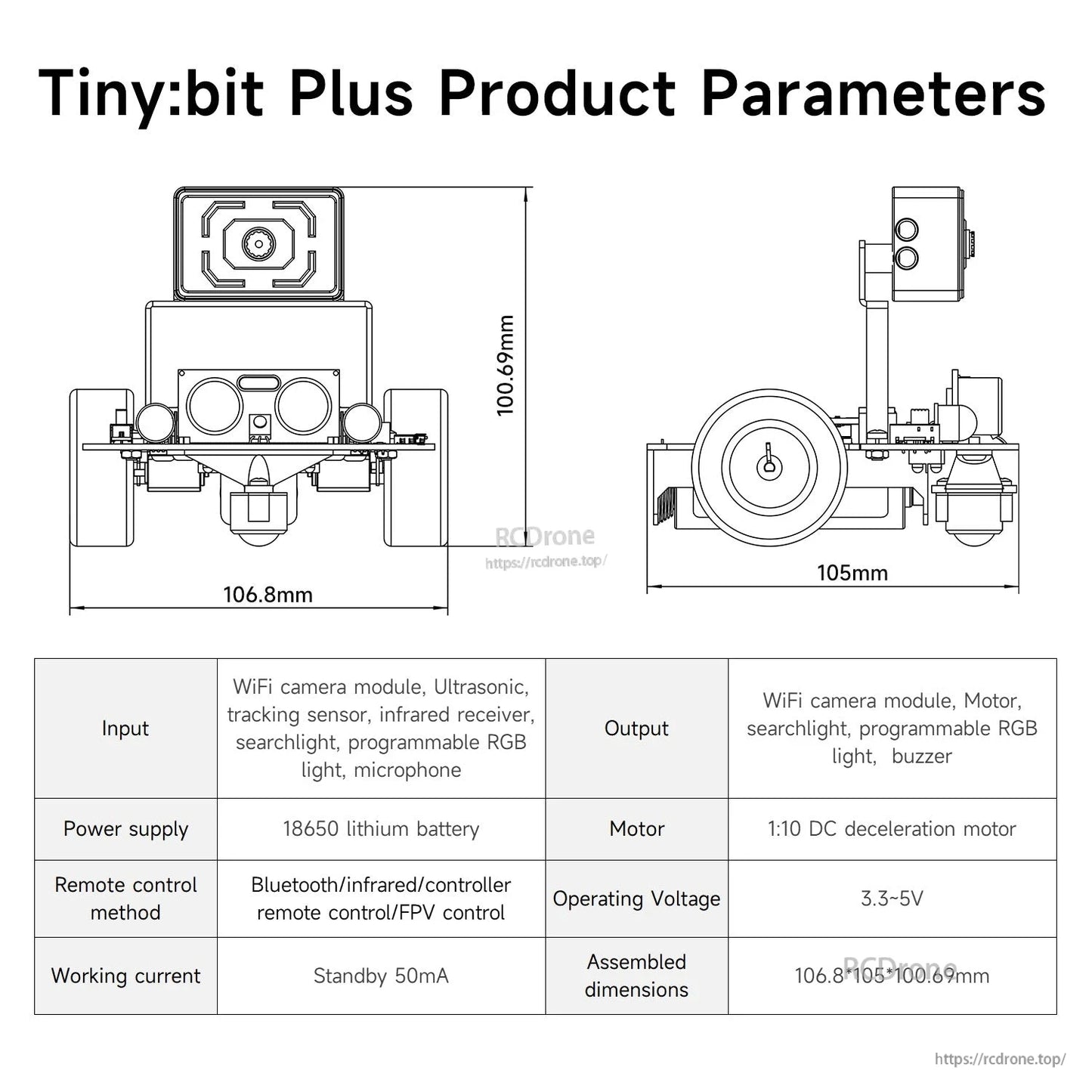 Tiny:bit Plus product parameters diagram with dimensions and table including WiFi camera module and operating voltage