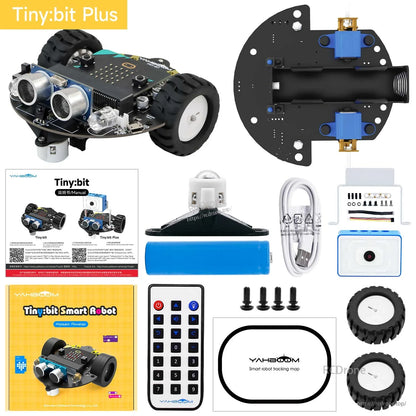 Tiny:bit Plus kit contents with WiFi camera module, battery, USB cable, IR remote, screws, wheels, and chassis base plate