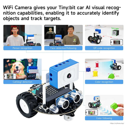 WiFi camera AI demo on Tiny:bit car: face detection, QR code recognition, pet detection, and color tracking/following
