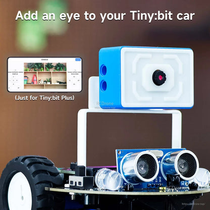 Tiny:bit Plus add-on camera close-up mounted above the robot car chassis