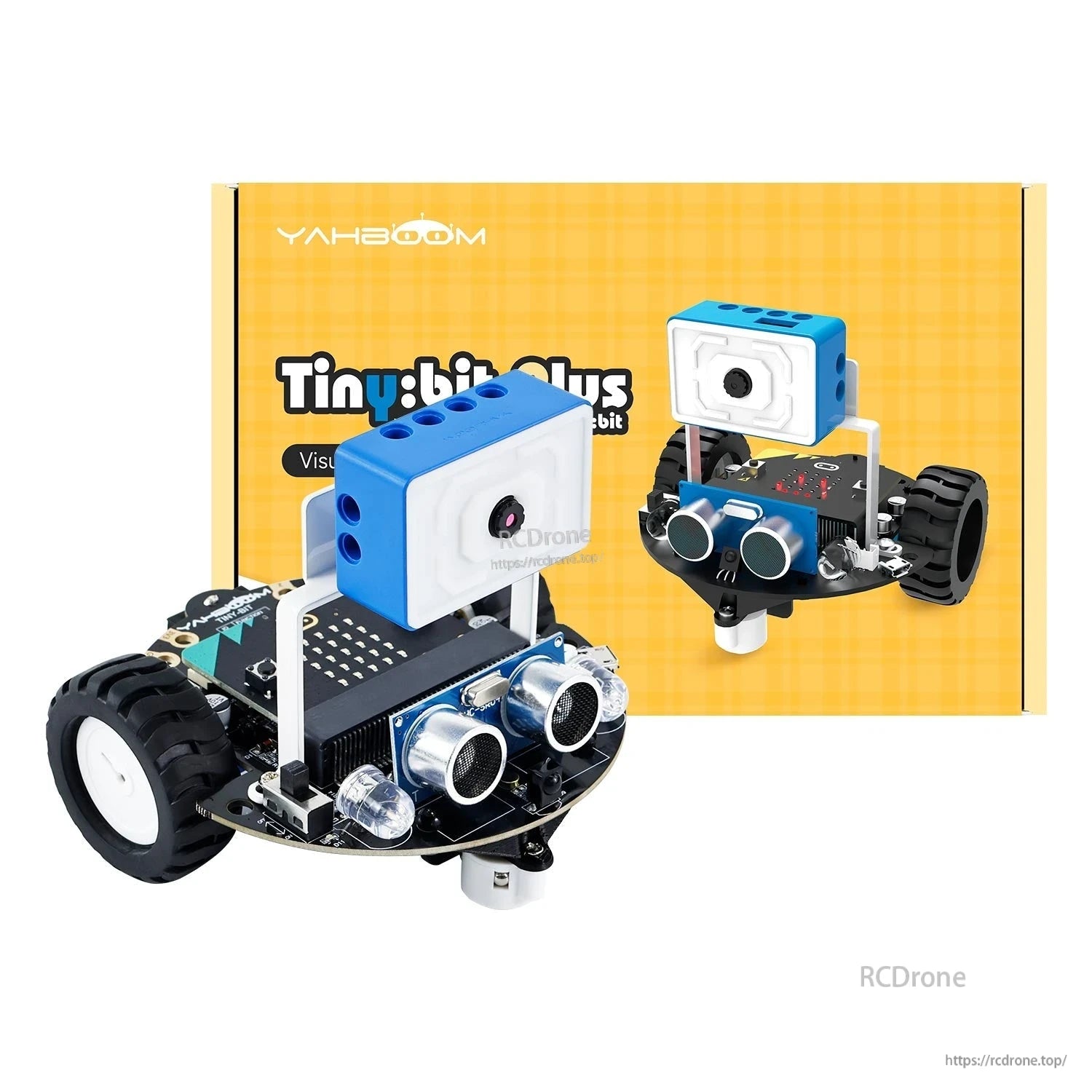 Yahboom Tiny:bit Plus smart car robot shown with retail box packaging
