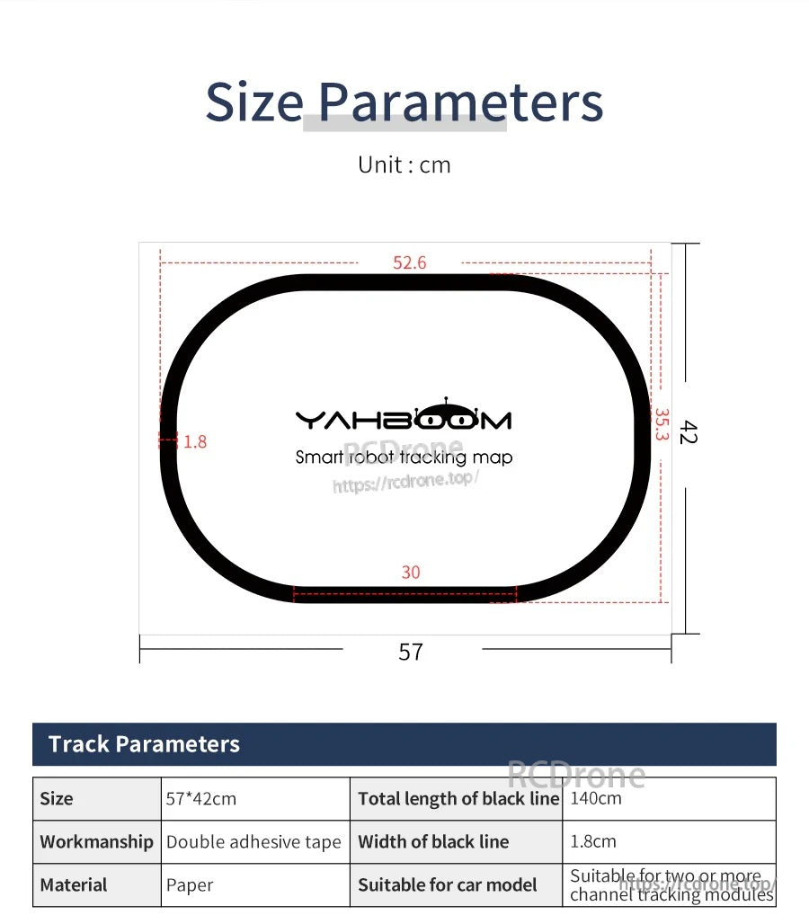 Size parameters for Yahboom paper tracking map: 57×42 cm sheet with oval ring and marked dimensions