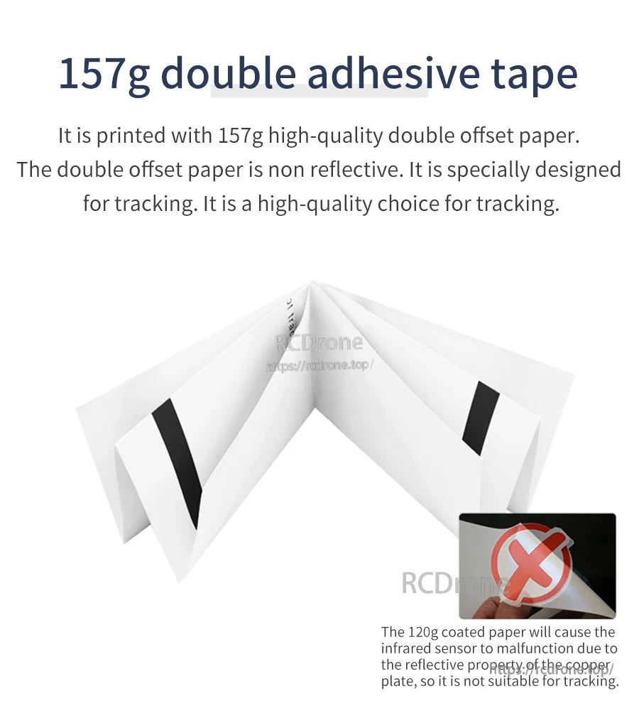 Folded Yahboom tracking map showing non-reflective 157g double offset paper to reduce IR sensor interference