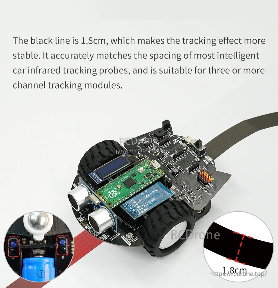 Robot car running on the black track line with callout showing 1.8 cm line width for stable infrared tracking
