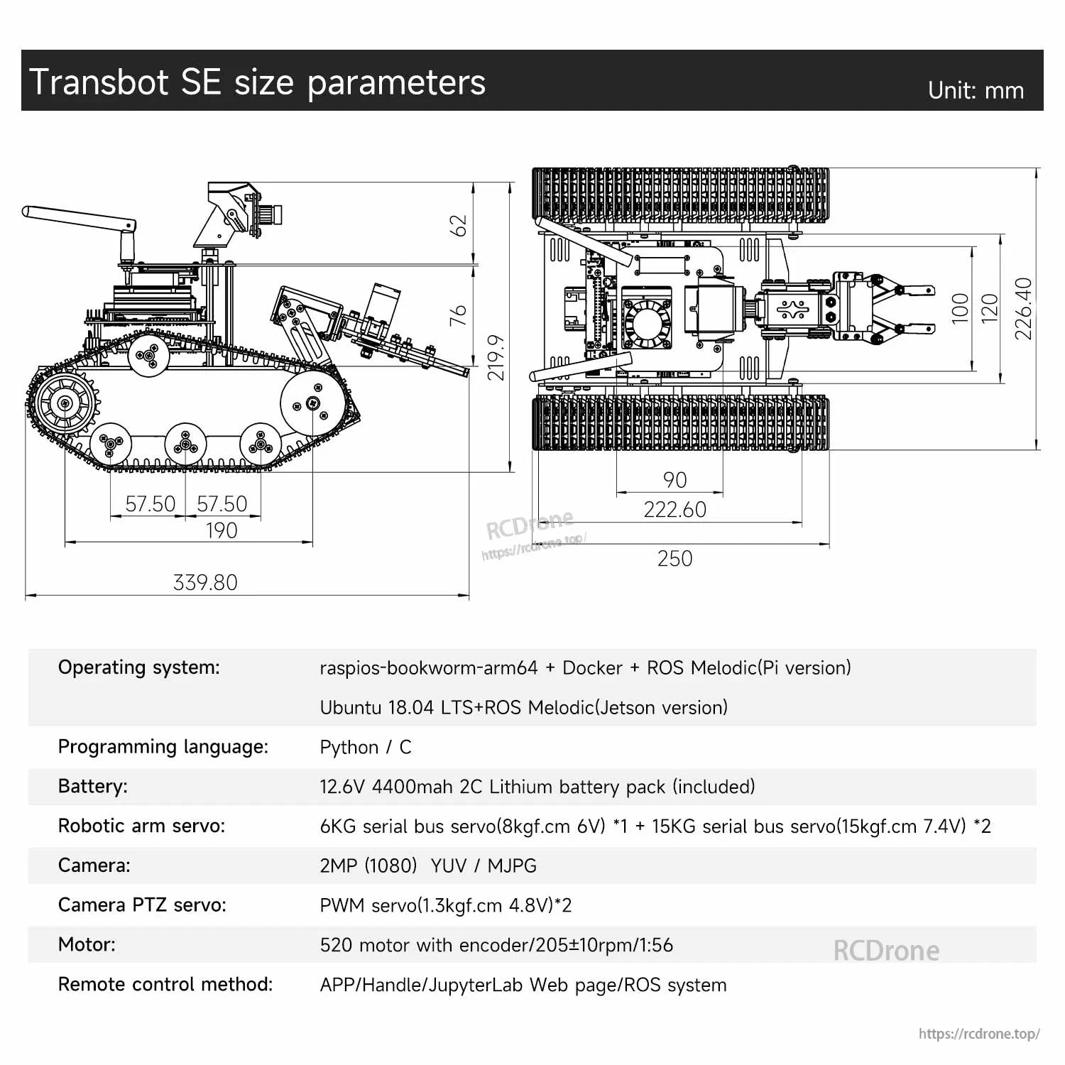 Transbot SE size parameters drawing with mm dimensions and spec table (OS, Python/C, battery, camera, motors)