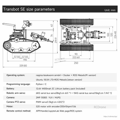 Transbot SE size parameters drawing with mm dimensions and spec table (OS, Python/C, battery, camera, motors)