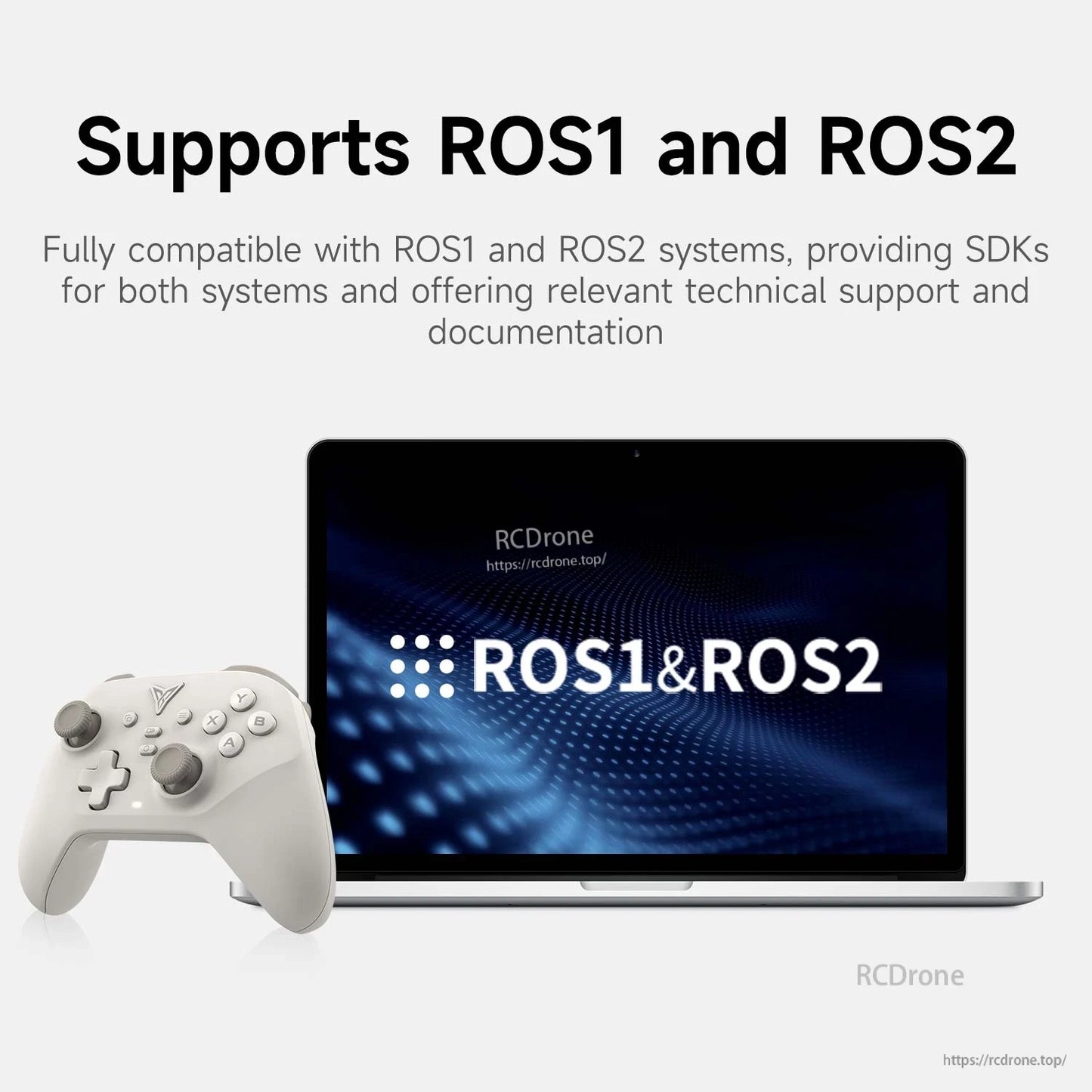 Supports ROS1 and ROS2 graphic with wireless handle controller beside a laptop display