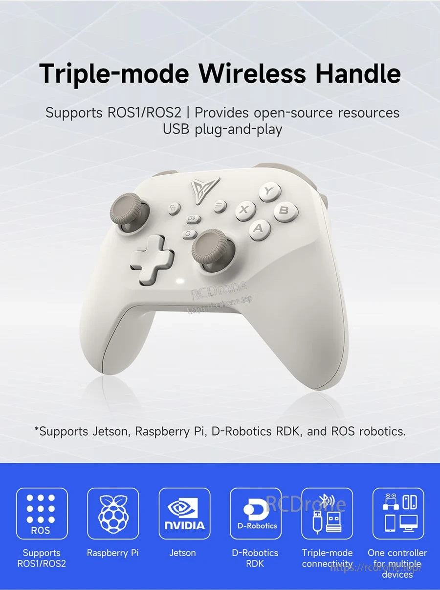 White triple-mode wireless handle with ROS1/ROS2, open-source resources, and USB plug-and-play callouts