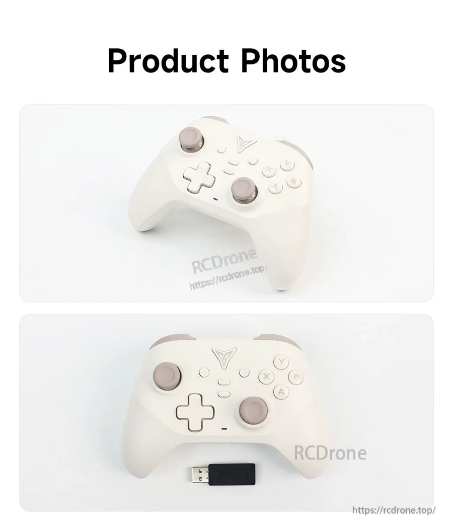 White wireless gamepad-style handle controller with dual analog sticks, D-pad, ABXY buttons, and USB receiver dongle