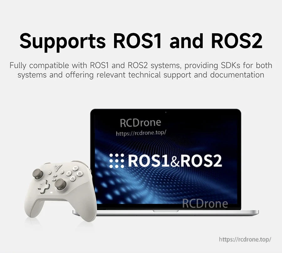Laptop screen graphic stating support for ROS1 and ROS2 alongside the white handle controller