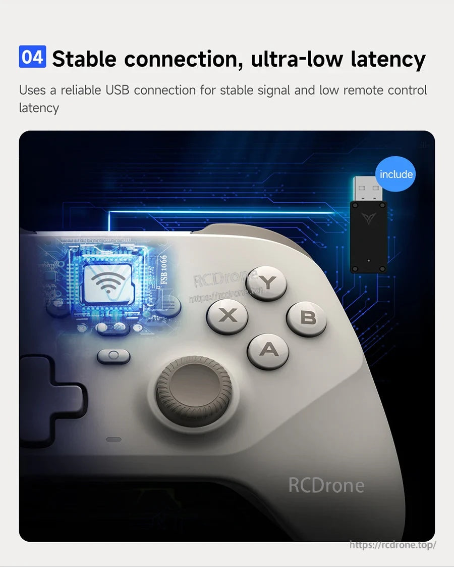 Close-up of controller face with ABXY buttons and included USB 2.4G receiver for stable low-latency link