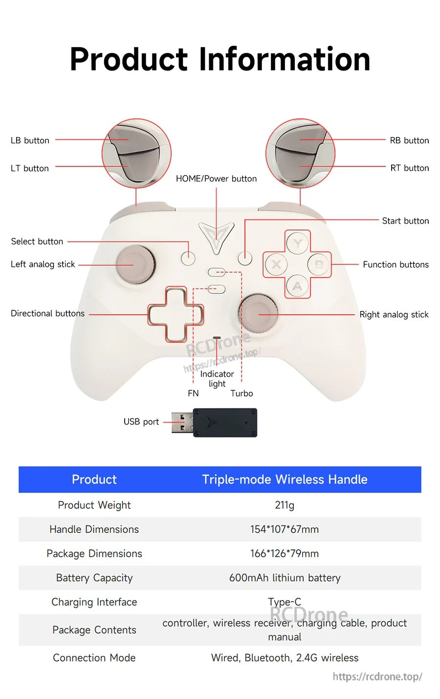 Yahboom triple-mode wireless handle controller diagram with labeled buttons and specs (wired, Bluetooth, 2.4G, Type-C).