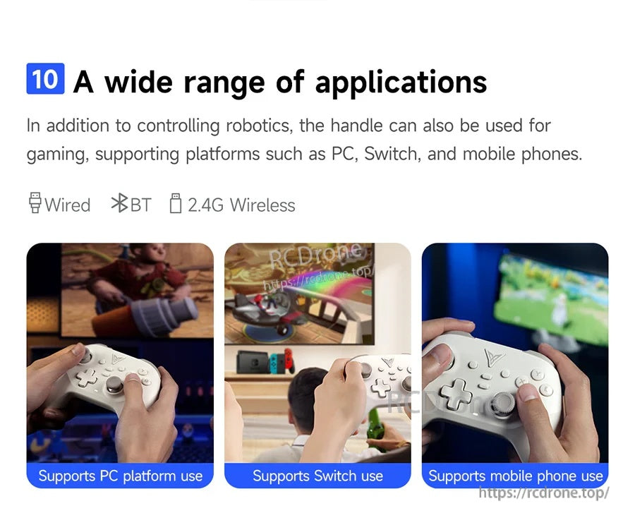 Application panel showing controller use on PC, Switch, and mobile via wired, Bluetooth, or 2.4G wireless