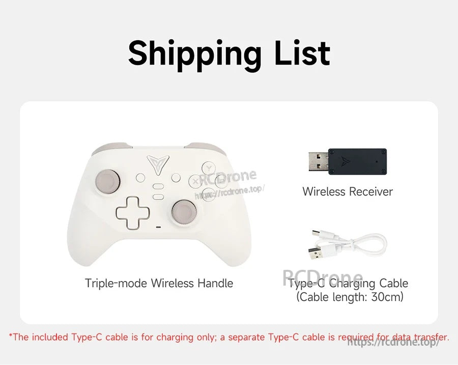 Yahboom triple-mode wireless gamepad controller with USB receiver and short USB-C charging cable