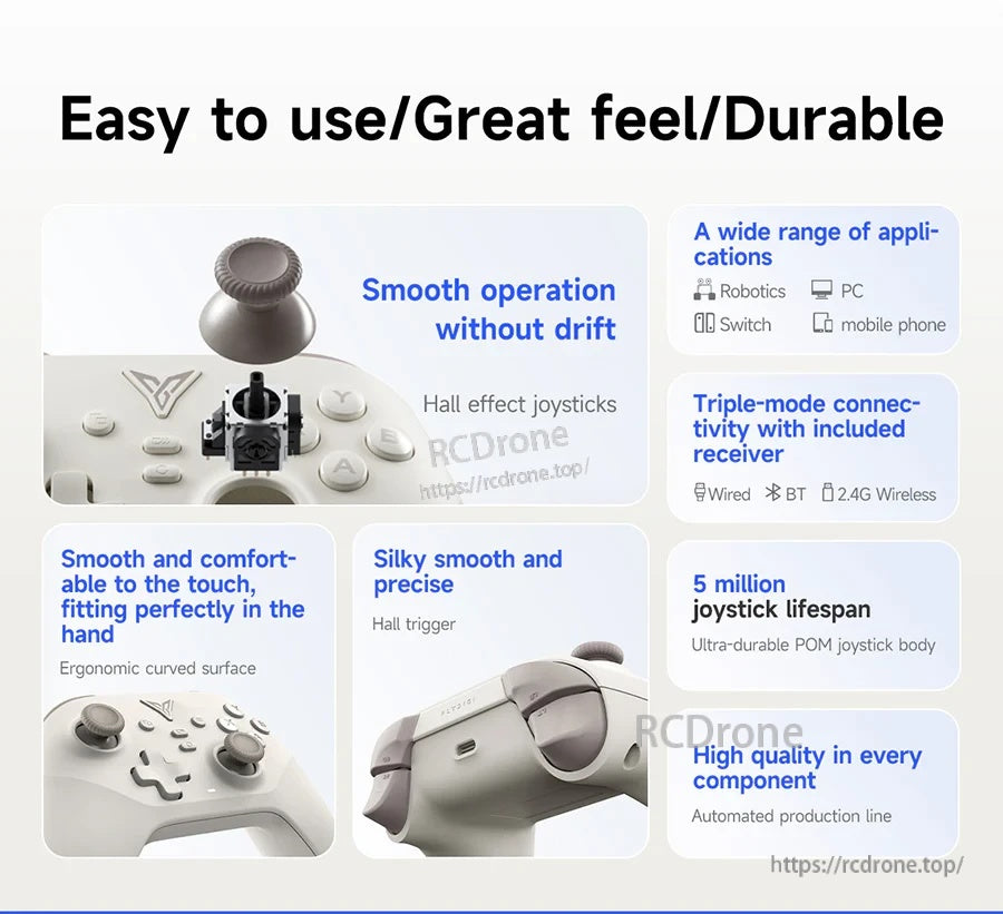 Feature collage highlighting Hall effect joysticks, Hall trigger feel, triple-mode connectivity, and durability notes