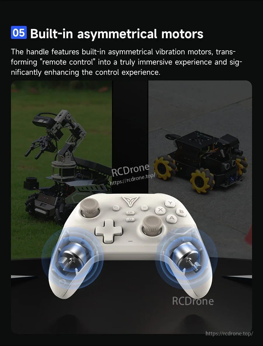 Built-in asymmetric vibration motors highlighted on the controller grips for haptic feedback