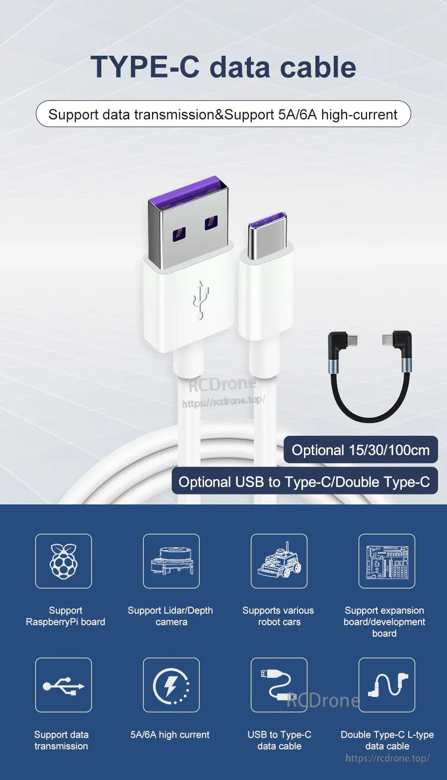 Yahboom Type-C Power Supply Cable overview, USB to Type-C and double Type-C L-type options for power and data
