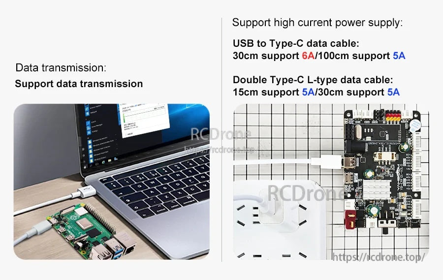Laptop-to-board data transfer and high-current power supply ratings by length for USB‑C and L‑type cables