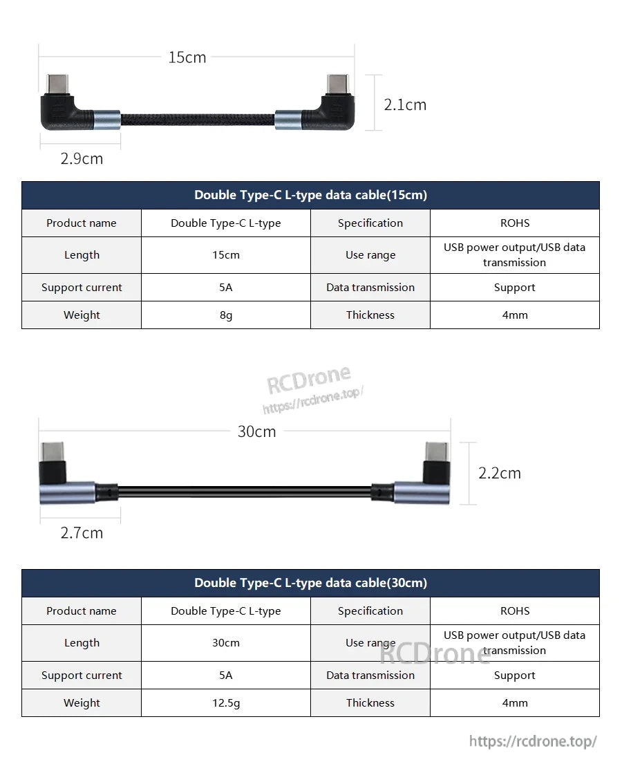 Double Type-C L-type cable size chart with 15cm and 30cm lengths, L-plug dimensions, thickness, weight, and specs table