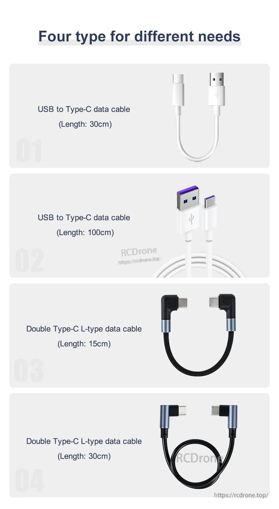 Four Yahboom Type-C cable variants: USB to Type-C (30cm/100cm) and double Type-C L-type (15cm/30cm)