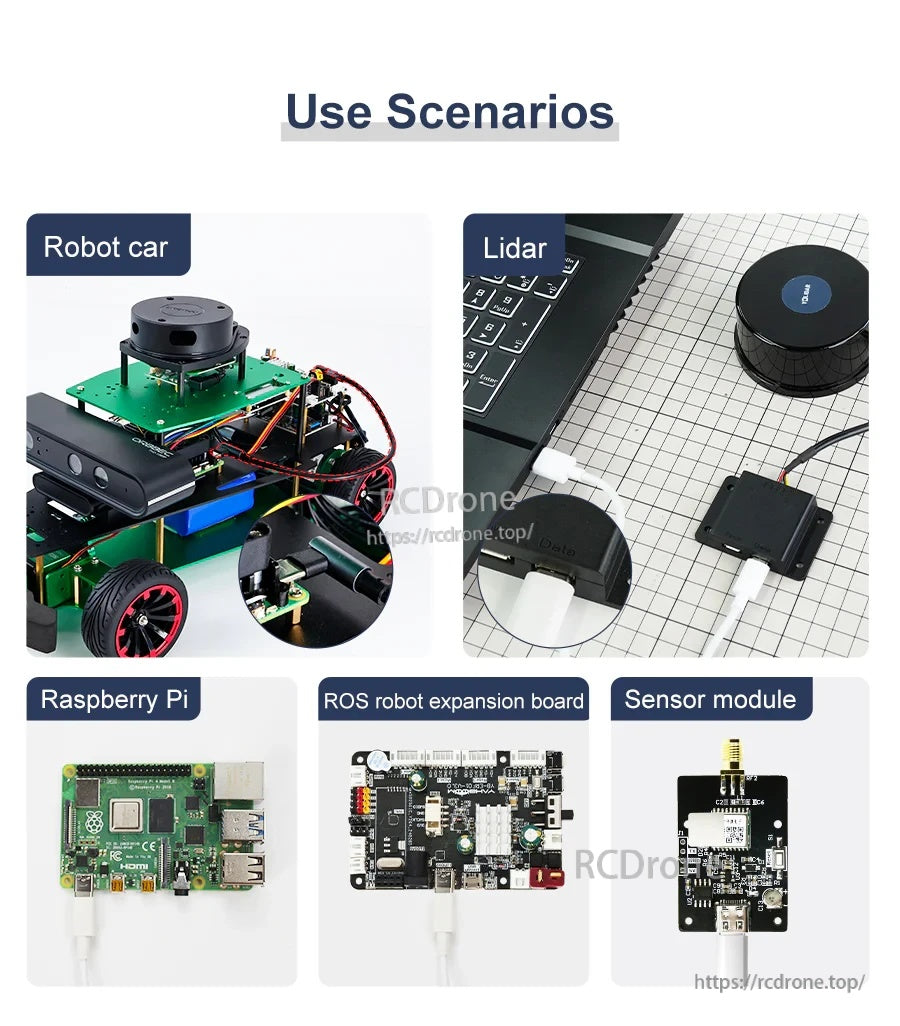 Use scenarios for Type-C cable with robot car, LiDAR module, Raspberry Pi, ROS expansion board, and sensor module connections