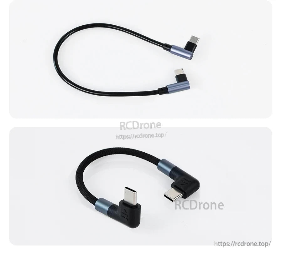 Real product photo of black double Type-C L-type cable with right-angle Type-C connectors for compact device connections