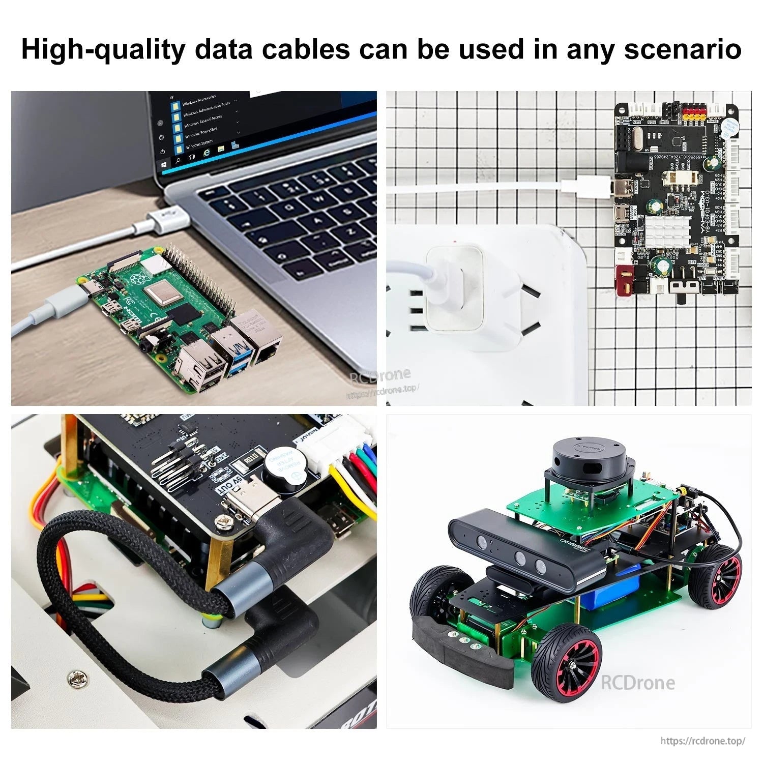 Use case collage: cable powering Raspberry Pi board, laptop connection, power strip, and small robot car