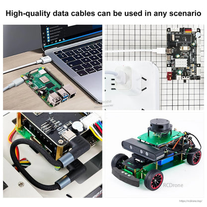 Use case collage: cable powering Raspberry Pi board, laptop connection, power strip, and small robot car