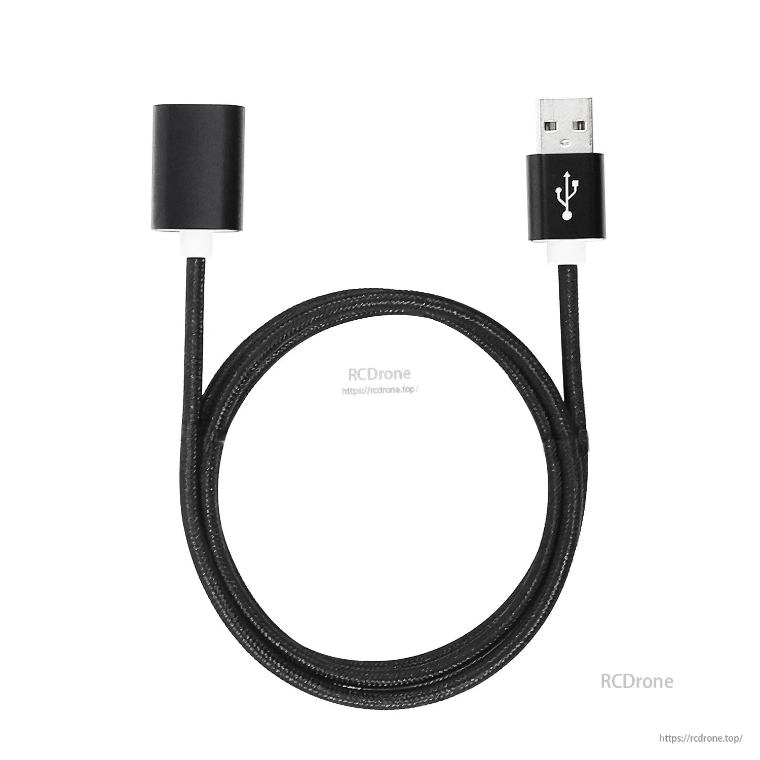 Full-length black braided USB-A male to USB-A female extension cable laid out in a loop