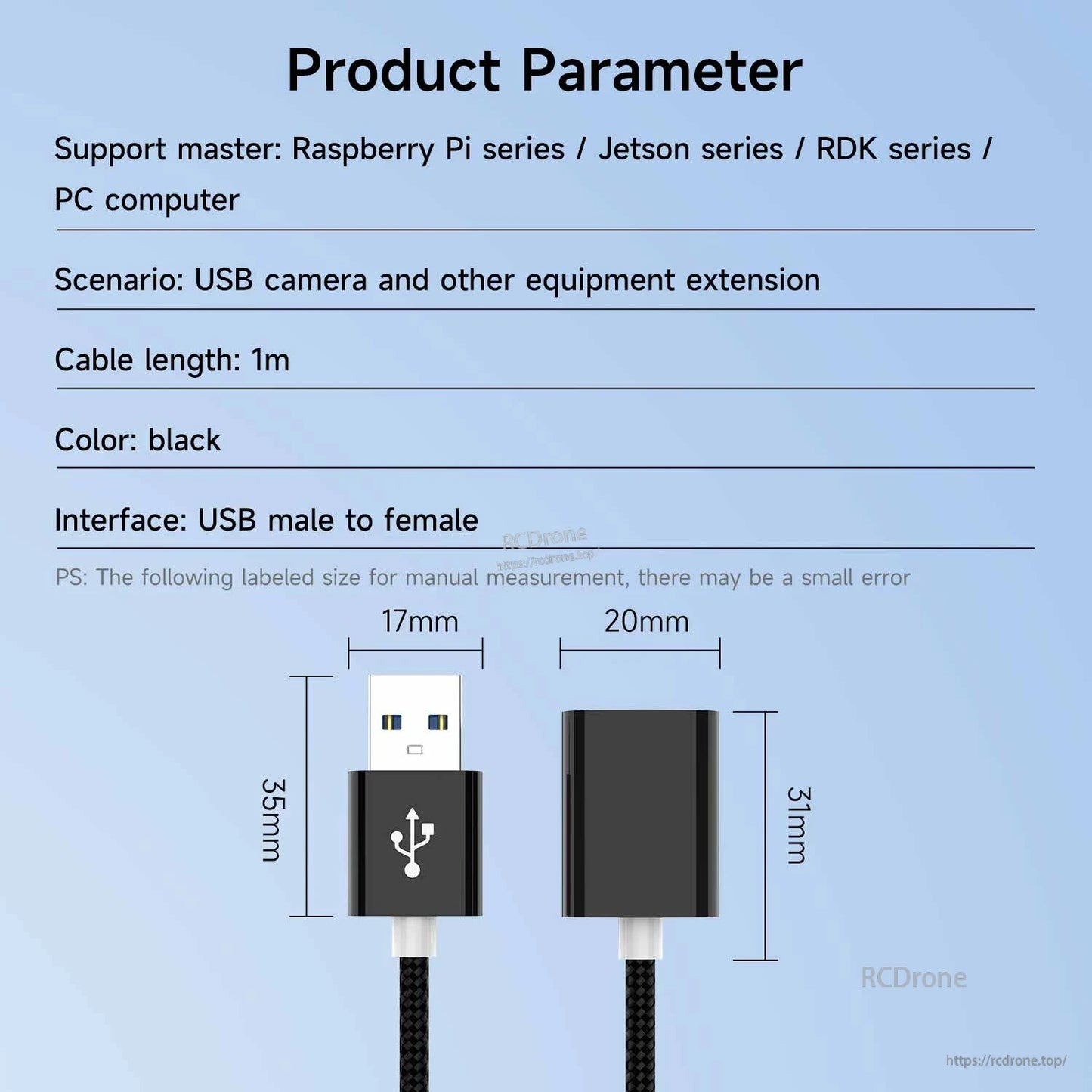 Product parameter chart: 1 m black USB male to female extension cable with connector size dimensions