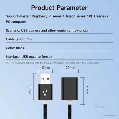 Product parameter chart: 1 m black USB male to female extension cable with connector size dimensions