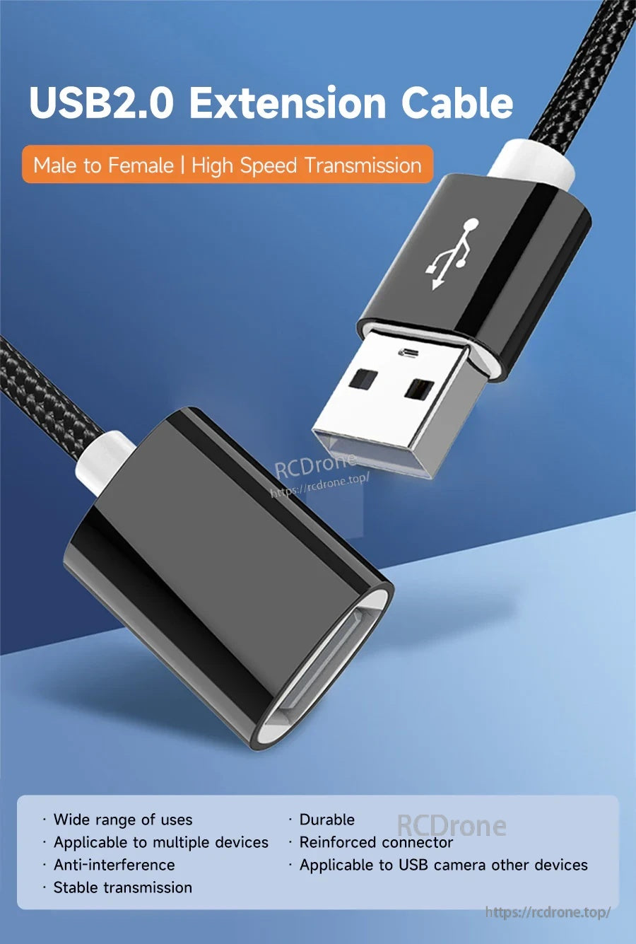 Yahboom USB 2.0 extension data cable, USB-A male to female, braided black cable for high-speed transfer