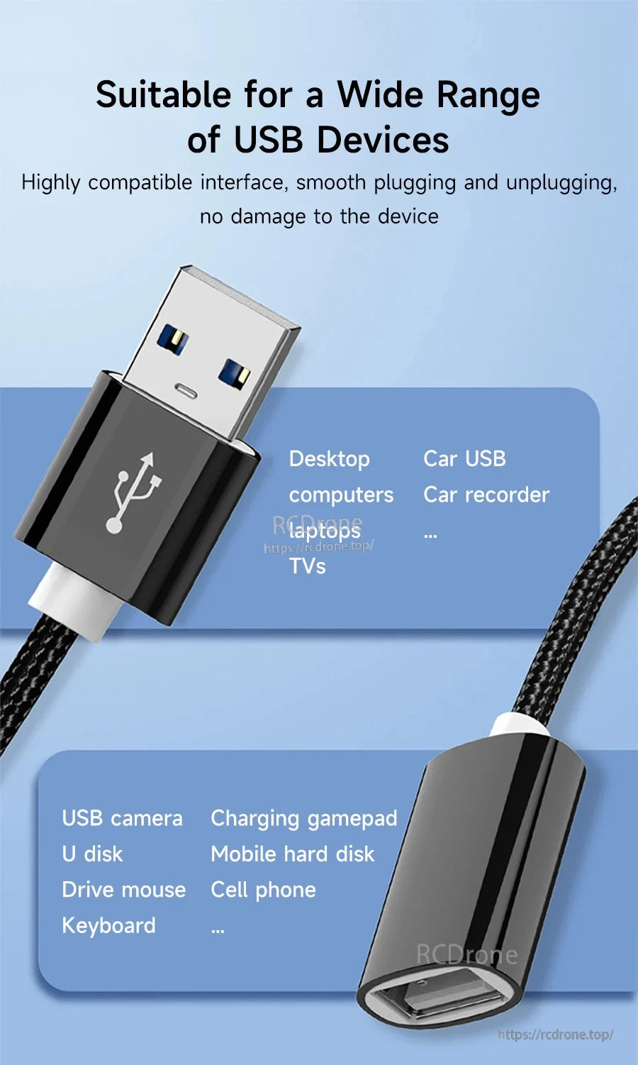 USB 2.0 extension cable compatible with multiple devices including keyboard, mouse, U disk, camera, and gamepad