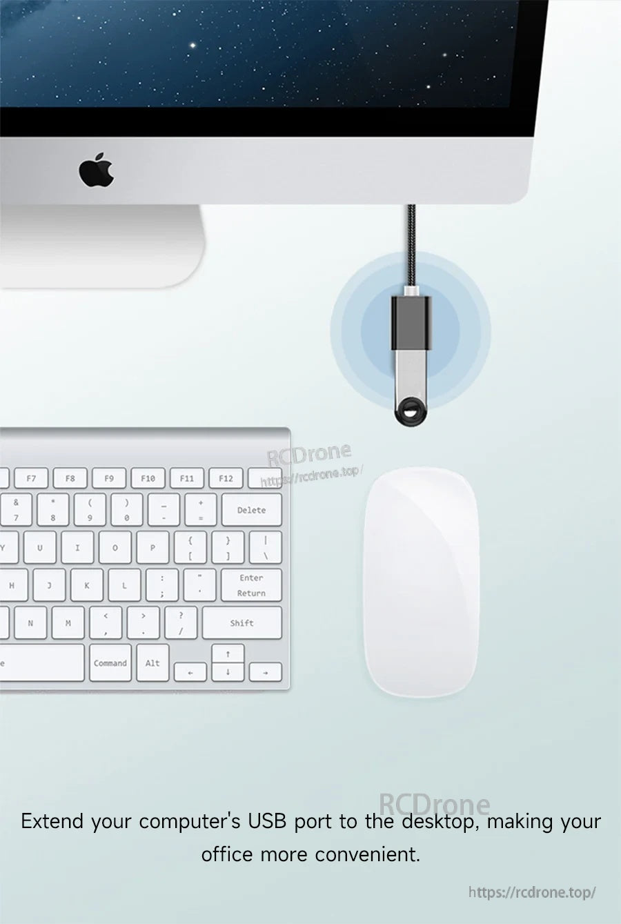 Desktop setup showing a USB extension cable bringing a computer USB port closer for convenient office use