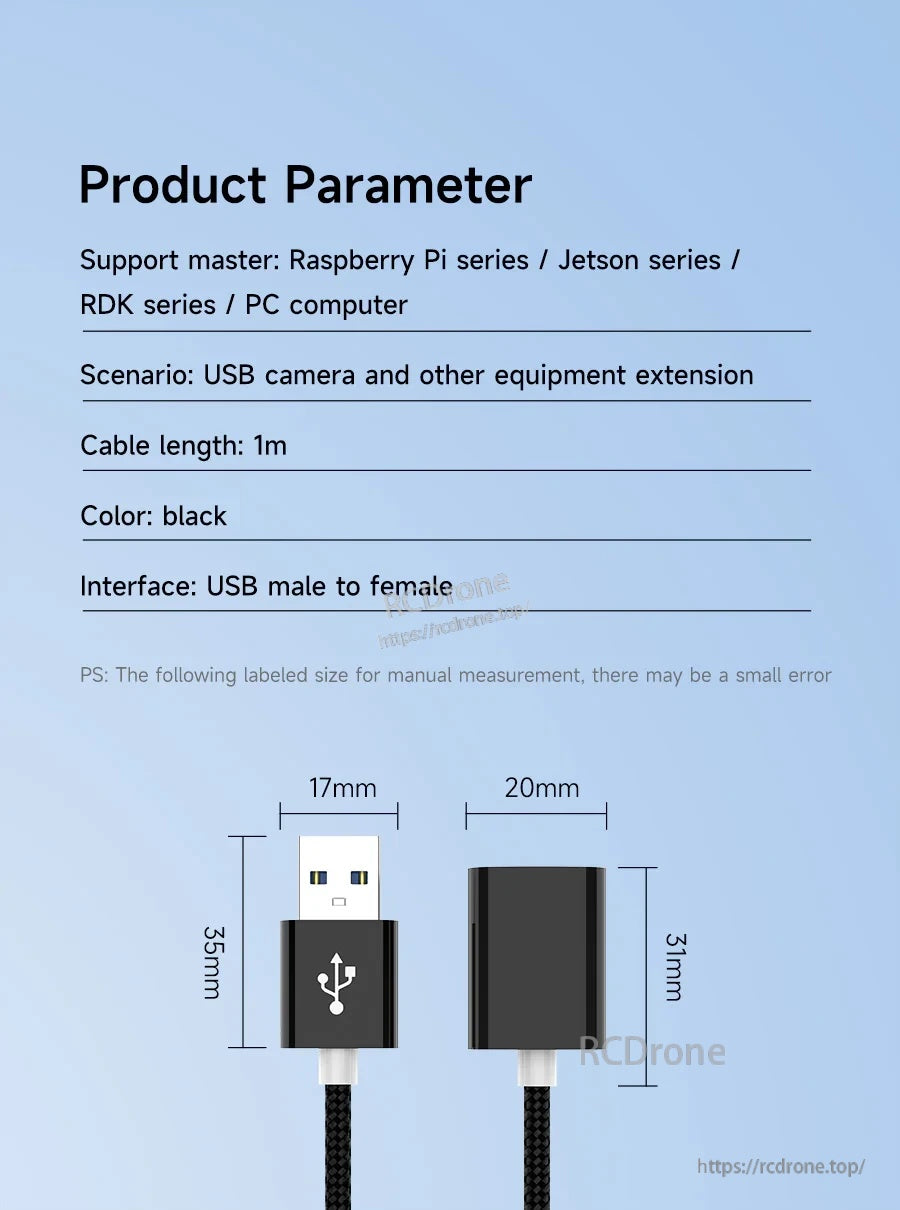 Yahboom USB 2.0 extension data cable specifications: 1 m length, black, USB-A male to female, connector sizes