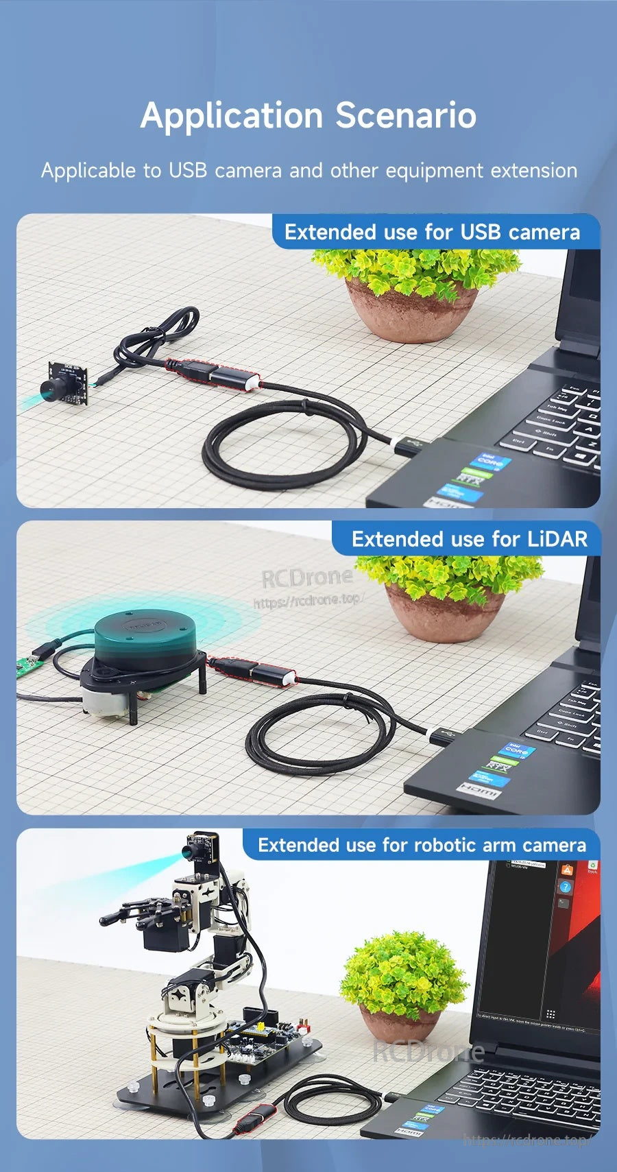 USB extension cable use cases on a desk: extending connection for USB camera, LiDAR, and robotic arm camera