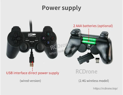 Power supply diagram: wired USB direct power vs 2.4G wireless model using 2×AAA batteries