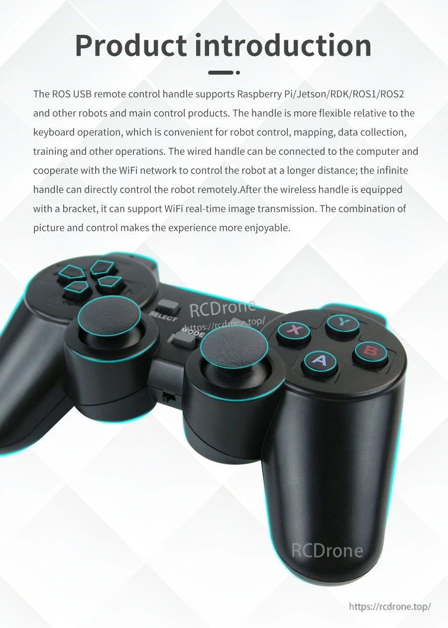 Product introduction graphic with close-up of dual-joystick PS2-style controller body