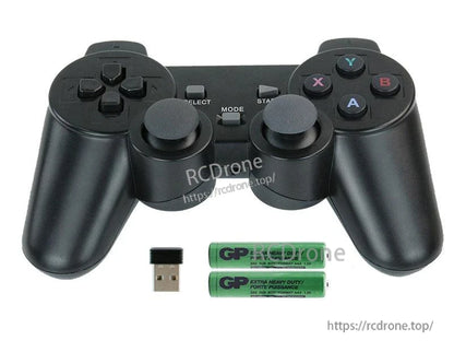 Wireless controller with USB receiver and two AAA batteries shown below, package contents layout