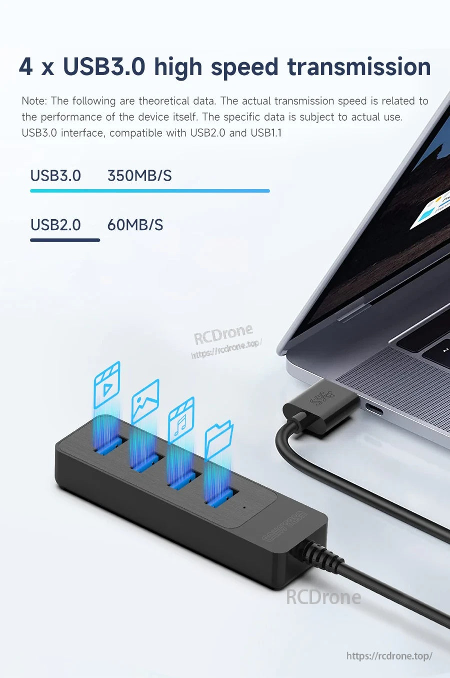 USB 3.0 high-speed transmission graphic comparing USB 3.0 vs USB 2.0 while connected to a laptop