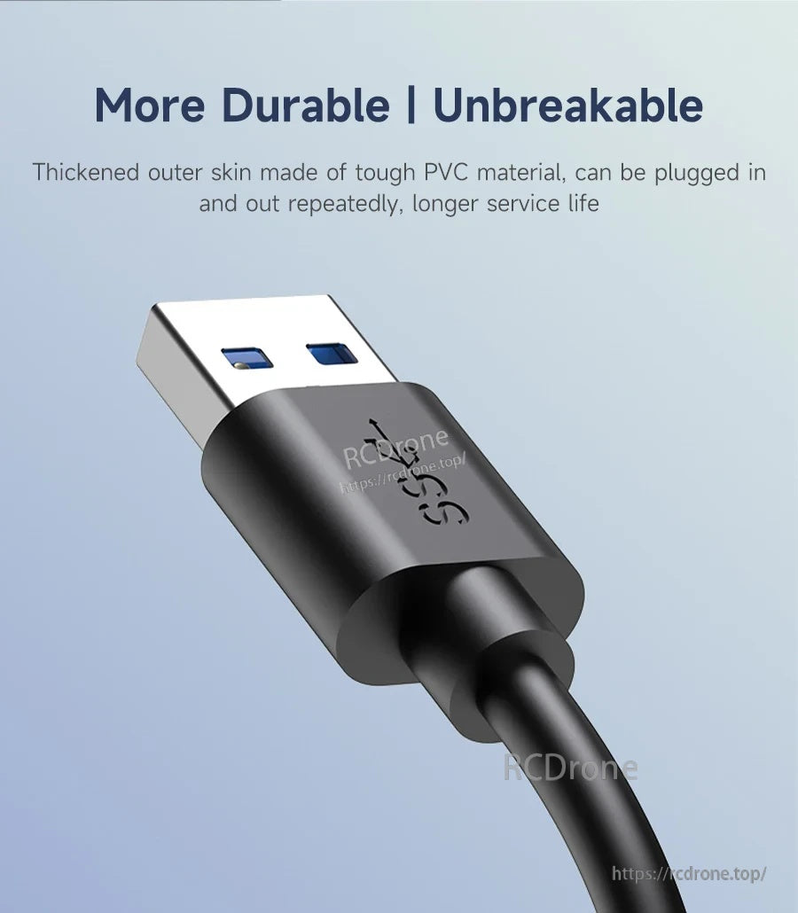 Durable USB 3.0 connector close-up with thickened PVC outer jacket designed for repeated plug and unplug use
