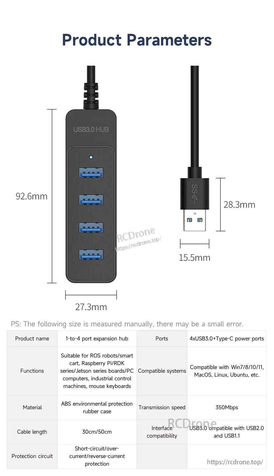 Yahboom USB 3.0 1-to-4 Port Expansion Hub dimensions and product parameters with port list and cable length options
