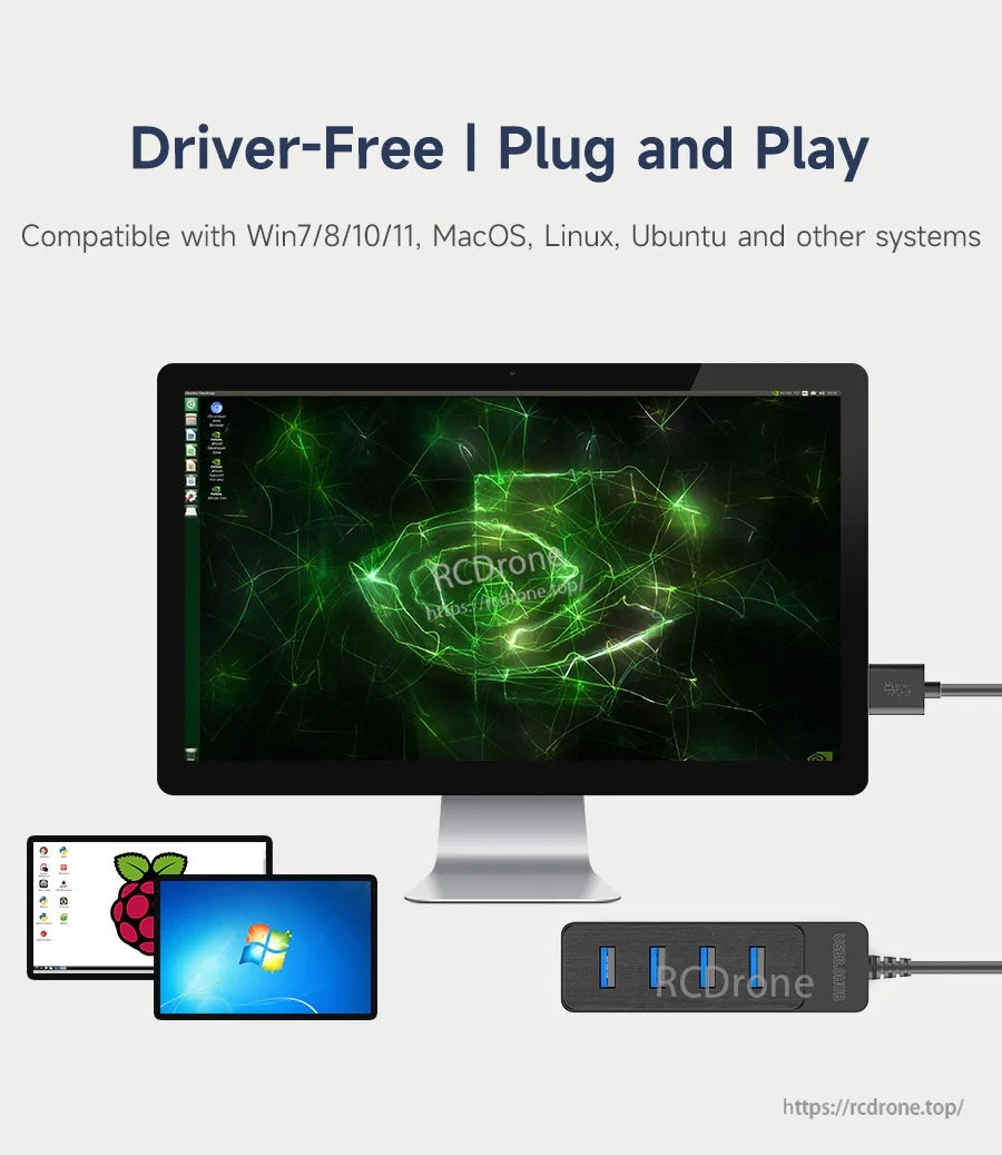 Driver-free plug-and-play USB hub compatibility with Windows, macOS, Linux, and Ubuntu systems