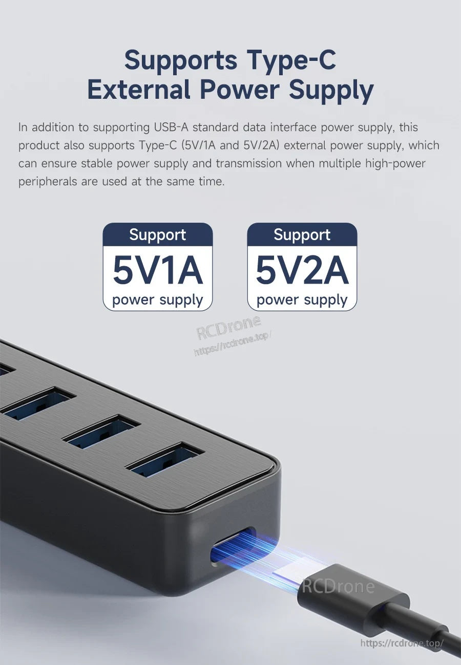 Close-up of Type-C external power supply port on the USB 3.0 hub with 5V power input support
