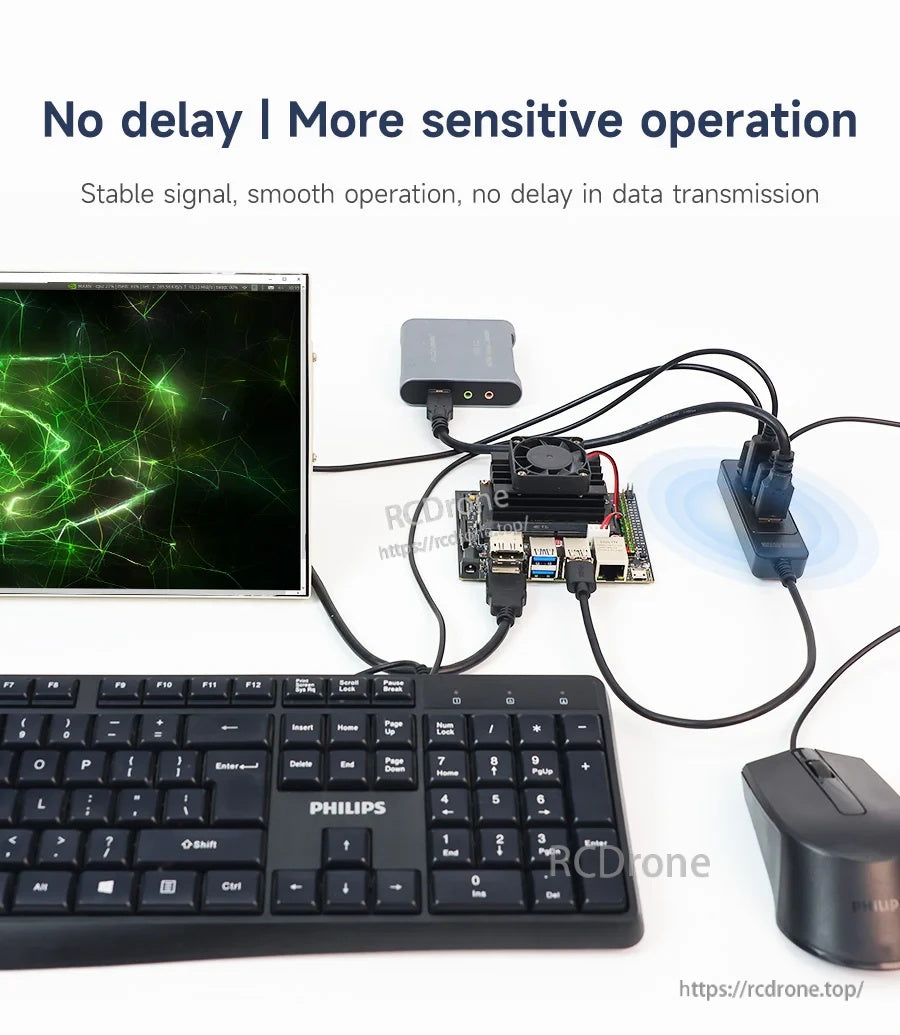 Desktop setup with keyboard, mouse, monitor and single-board computer using the USB 3.0 hub for multiple devices