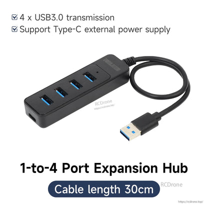 1-to-4 port expansion hub feature graphic showing support for Type-C external power and 30 cm cable